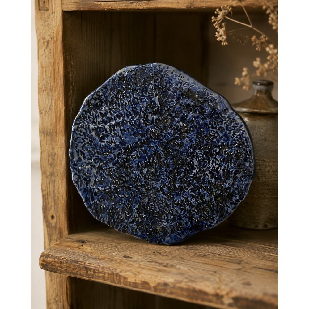 Handmade Signed NAN Studio Pottery Cobalt Blue Textured Footed Platter 2015